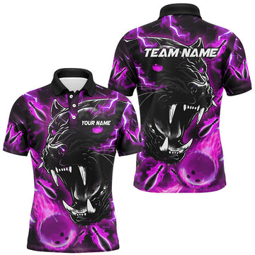 FUNSTUFFPRINT Purple Flame Panther Bowling Polo, For Men Custom Bowling Team League Polo Shirt Size S-5XL