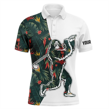 Custom Bigfoot Golf Men Polo Shirt - Funny Tropical Flowers Pattern Custom Name Sasquatch Playing Golf Apparel - Personalized Gift For Golf Lover, Men