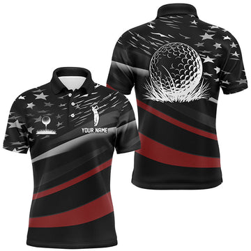 FUNSTUFFPRINT Black American flag custom patriotic Mens golf Polo Shirt Size S-5XL
