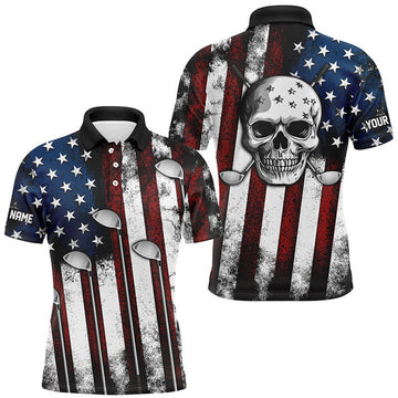 Custom American flag golf Clubs Skull Mens Golf Polo Shirts Custom Patriotic golf attire for men golfer gifts