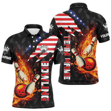 Custom American Flag Bowling Shirt For Men Custom Flame Bowling Polo Shirt, Team Bowling Jerseys