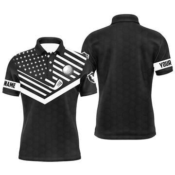 Custom Mens golf polo shirt custom name black and white American flag patriotic golf polo shirts for men
