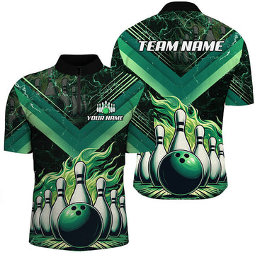 Custom Bowling And Pins Green Flame Customized Name, Team Name 3D Bowling Jersey Shirt For Men