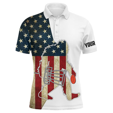 Custom Bigfoot Disc Golf Men Polo Shirt - Custom Name American Flag Sasquatch Playing Apparel - Personalized Gift For Disc Golf Lover, Team