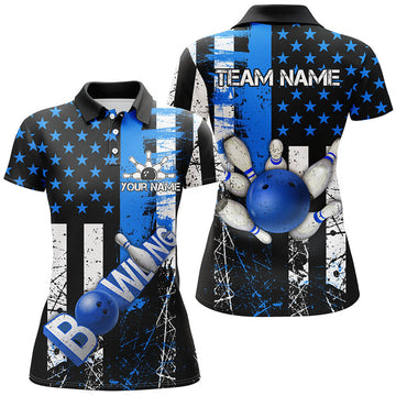 Custom Retro American Flag Women Bowling Polo Shirts Custom Bowling Team Jerseys, Gifts For Bowlers | Blue