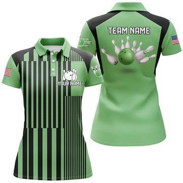Custom Green And Black Stripe Pattern Women Bowling Polo Shirts Custom Bowling Team Jerseys, Bowl Gifts