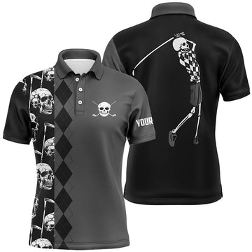 FUNSTUFFPRINT Black skull argyle pattern custom Mens golf polo shirts, best men's golf wear Polo Shirt Size S-5XL