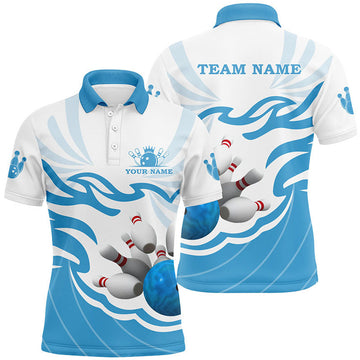 FUNSTUFFPRINT White and Blue Mens polo, bowling shirt Custom bowling ball pins team league Polo Shirt Size S-5XL