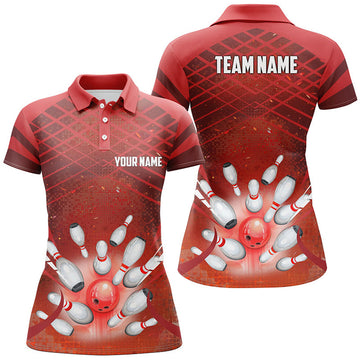 Custom Women Bowling Polo Shirts Custom Red Light Bowling Ball And Pins Team Bowling Jersey, Gift For Bowlers