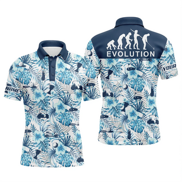 Custom Golf Men Polo Shirt - Custom Name Blue Tropical Plant Pattern Apparel - Personalized Gift For Golf Lover, Team, Husband, Boyfriend, Men - Evolution
