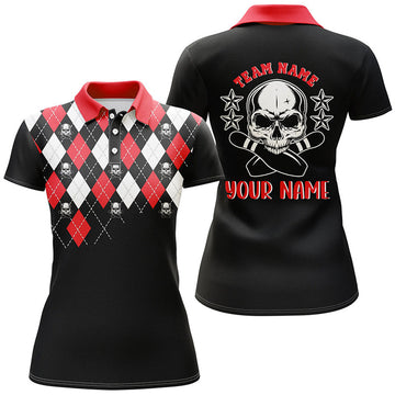 Custom Black Red Argyle Pattern Bowling Skull Custom Bowling Polo Shirts For Women, Bowling Jerseys