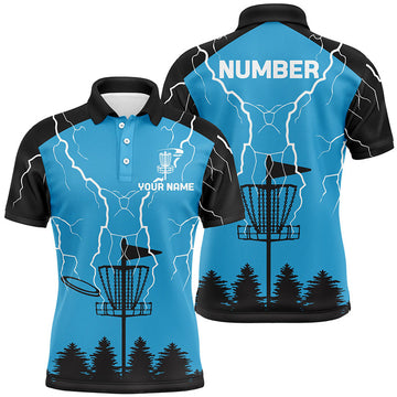 Custom Mens disc golf polo shirt blue lightning storm custom frisbee golf shirt, disc golf gifts