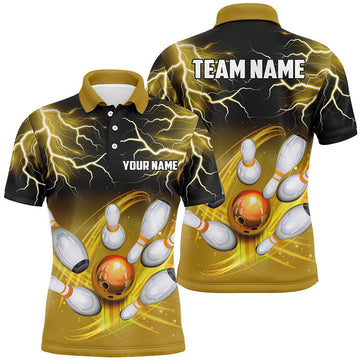 FUNSTUFFPRINT Mens polo bowling shirt Custom black yellow bowling lightning thunder team bowling Polo Shirt Size S-5XL