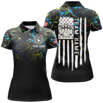 Custom Colorful Camo Women Bowling Polo Shirt Custom American Flag Patriotic Bowling Team League Jerseys