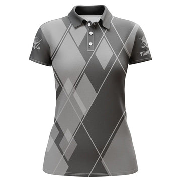 Custom Gray Argyle Pattern Custom Womens Golf Polo Shirts, Ladies Golf Tops Golfing Gifts