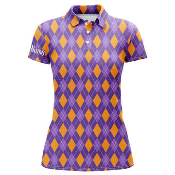 Custom Orange and Purple argyle Halloween pattern custom Womens golf polo shirts, golf attire for women