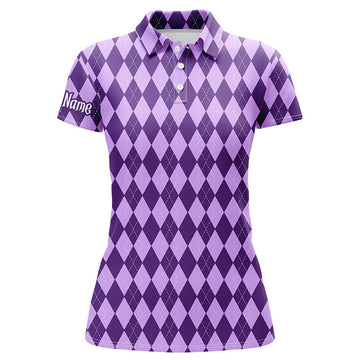 Custom Purple Argyle Halloween Pattern Custom Womens Golf Polo Shirts, Golf Attire For Women