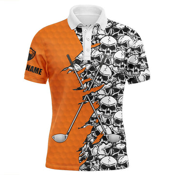FUNSTUFFPRINT Mens golf tops polo orange pattern Halloween skull golf clubs custom golf performance shirts for men Polo Shirt Size S-5XL