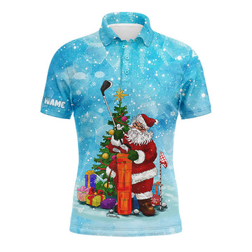 Custom Golf Men Polo Shirt - Custom Name Christmas Blue Snow Winter Santa Golfer Apparel - Personalized Gift For Golf Lover, Team, Husband, Boyfriend