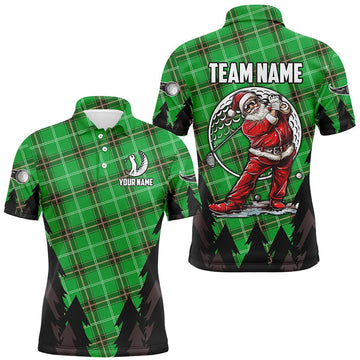 FUNSTUFFPRINT Green Argyle Pattern Santa Golfer custom Mens golf polo shirts, Christmas best team golf Polo Shirt Size S-5XL