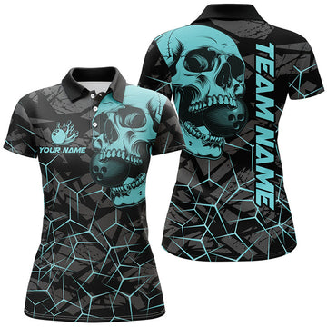 Custom Black Skull Camo Bowling Shirt For Women Custom Bowling Team Jerseys, Gifts For Bowlers | Turquoise