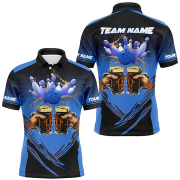 FUNSTUFFPRINT Bowling Beer Black and Blue Bowling Polo Shirt Size S-5XL