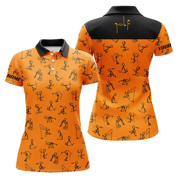 Custom Womens Golf Polo Shirts Custom Funny Golf Pattern, Black Orange Polo Shirt Golf Outfit Women Golf Tops