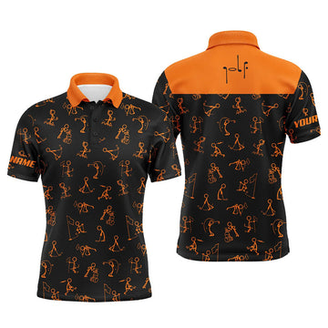 Custom Men golf polo upf shirts custom name funny golf pattern, black orange polo shirt golf outfit men
