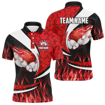 FUNSTUFFPRINT Red Flame Bowling Camo Bowling Polo, For Men Custom Bowling Team Polo Shirt Size S-5XL