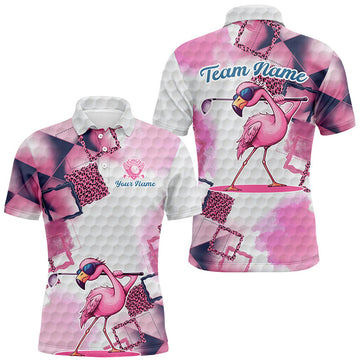 FUNSTUFFPRINT Pink Flamingo leopard pattern Mens golf polo shirts custom mens golf apparel, flamingo tops Polo Shirt Size S-5XL