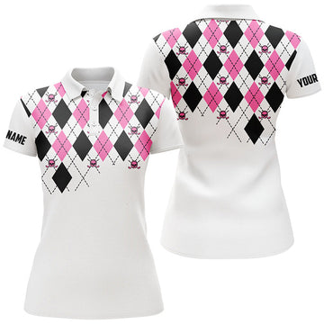 Custom Womens Golf Polo Shirt Pink And Black Argyle Plaid Golf Skull Pattern Custom White Ladies Golf Tops