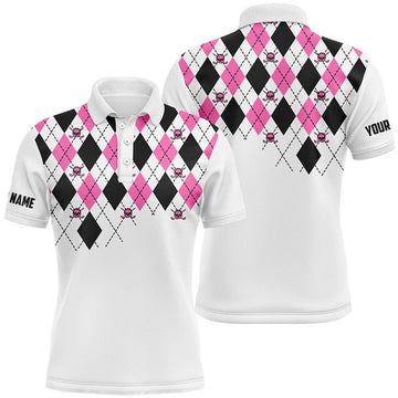 FUNSTUFFPRINT Mens golf polo shirts pink and black argyle plaid golf skull pattern custom white mens Polo Shirt Size S-5XL