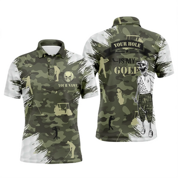 Custom Golf Men Polo Shirt - Funny Skull Green Camo Custom Name Apparel - Personalized Gift For Golf Lover, Team, Husband, Men - Your Hole Is My Goal