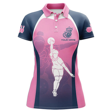 Custom Blue And Pink Women Bowling Polo Shirts Custom Bowling Team Shirts, Personalized Bowling Jerseys