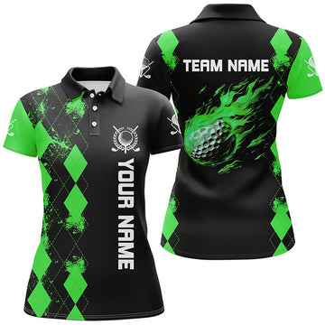 Custom Black Womens Golf Polo Shirts Custom Green Argyle Pattern Flame Golf Ball Golf Tops For Team Ladies