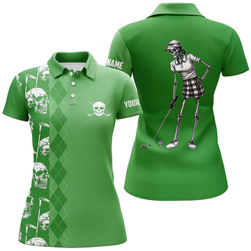 Custom Green Skull Argyle Pattern Custom Women Golf Polo Shirts, Women's Golf Tops
