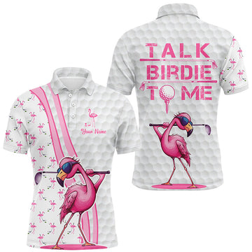 FUNSTUFFPRINTFunny Mens golf polo shirt custom pink and white flamingo golf shirts talk birdie to me , Polo Shirt Size S-5XL