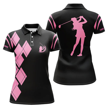 Custom Black And Pink Argyle Pattern Women Golf Polo Shirts Custom Ladies Golf Shirt For Women