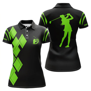 Custom Black And Green Argyle Pattern Women Golf Polo Shirts Custom Ladies Golf Shirt For Women