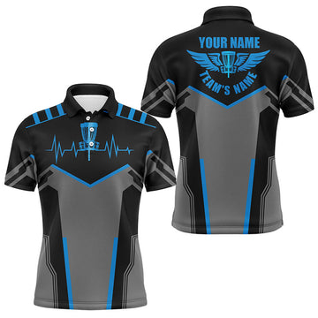 FUNSTUFFPRINT Black Mens disc golf polo shirts custom disc golf heartbeat shirt for men, disco golf outfit Polo Shirt Size S-5XL