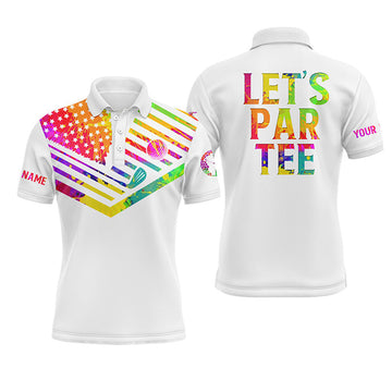 Custom Golf Men Polo Shirt - Watercolor American Flag Patriot Custom Name White Apparel - Personalized Gift For Golf Lover, Team, Golfer - Let's Par Tee