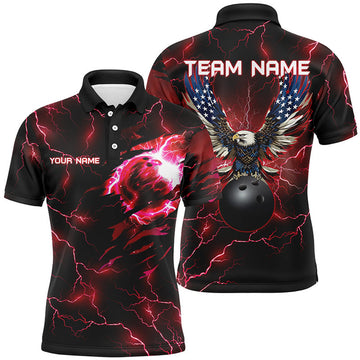 FUNSTUFFPRINT Red lightning thunder bowling American flag Eagle custom Mens Bowling Polo Shirt Size S-5XL