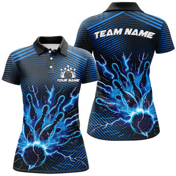 Custom Blue lightning thunder bowling Polo for women Custom Bowling Team League Jerseys