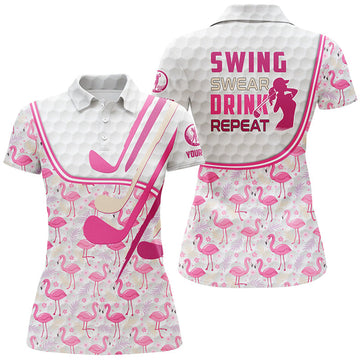 Custom Personalized Pink Flamingo Pattern Golf Clubs Polo Shirt For Women Custom Swing, Swear, Drink, Repeat