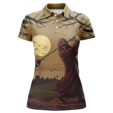 Custom Halloween Skull Golfer Womens Golf Polo Shirts Custom Halloween Golf Tops For Ladies