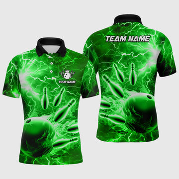 FUNSTUFFPRINT Mens polo bowling shirts Custom green lightning thunder Polo Shirt Size S-5XL