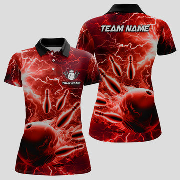 Custom Womens Polo Bowling Shirts Custom Red Lightning Thunder Bowling Team Jersey, Gift For Team Bowlers