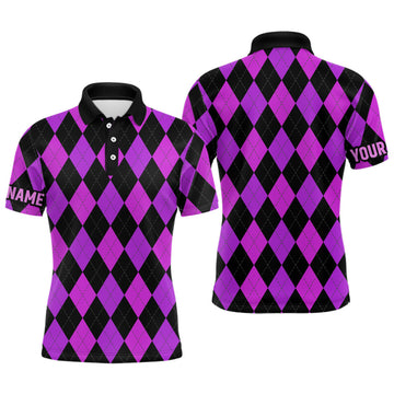 Custom Mens golf polo shirts custom purple and black argyle plaid pattern golf attire for men