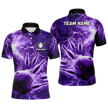 Custom Mens polo bowling shirts Custom purple lightning thunder Bowling Team Jersey, gift for team Bowlers