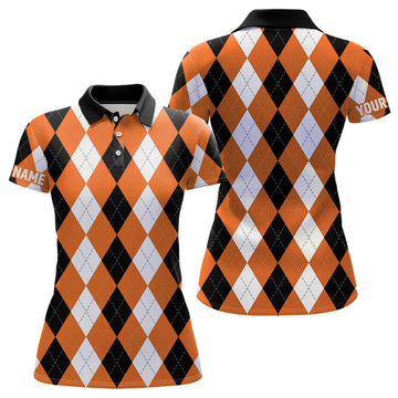 Custom Womens Golf Polo Shirt Custom Orange Argyle Plaid Pattern Golf Attire For Women